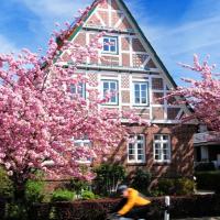 2680_2182 Fachwerkgebäude an der Strasse - rosa blühende Zierkirschen im Vorgarten. | Fruehlingsfotos aus der Hansestadt Hamburg; Vol. 2